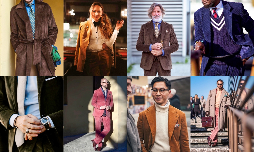 Montage of 8 different people modeling corduroy clothing